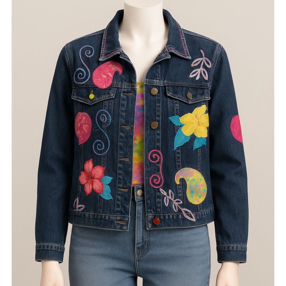 New Direction Colorful Appliqué Denim Jacket Medium – Vibrant & Artsy